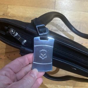Victorinox Black Tote Brushed Silver Hardware Leather Handle organizer tote